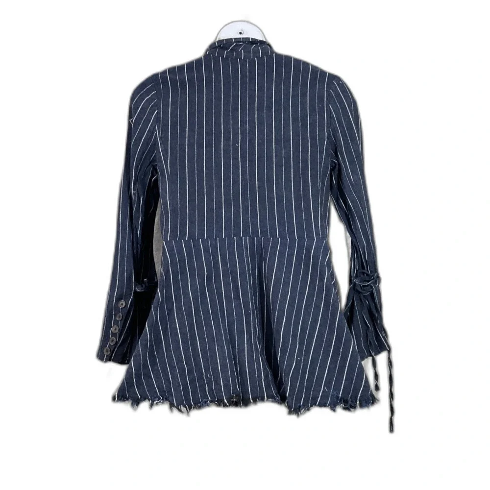 Free People Blazer Women's Large Blue Double Breasted stripes bell sleeves Flaws